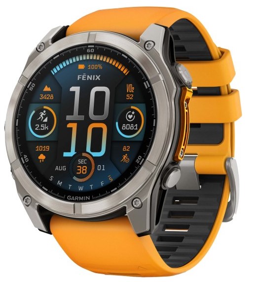 שעון חכם 010-02905-11 Garmin Fenix 8 AMOLED 51mm טיטניום עם רצועת סיליקון כתומה